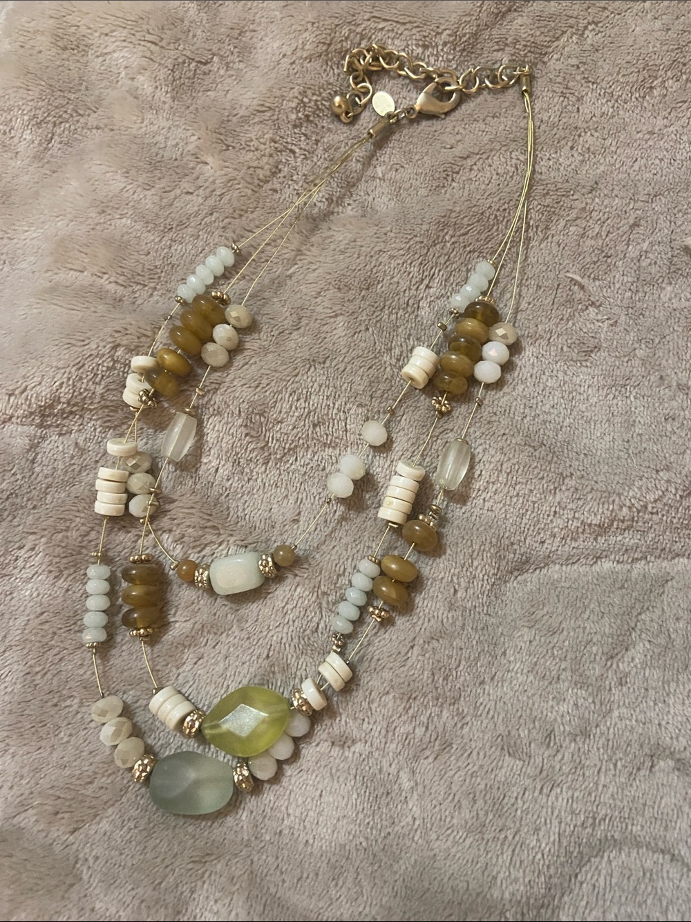 Chico's Olive Green, Cream and Gold Multi-Strand Beaded Necklace